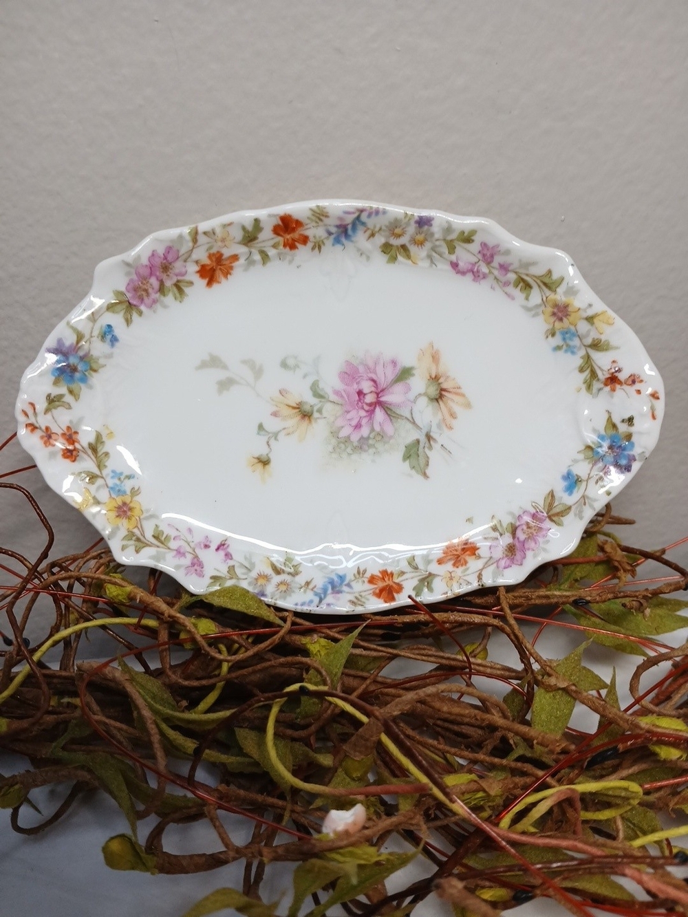 Vintage German Bone China Or Porcelain Trinket Dish Multicolor Floral Signed 5"